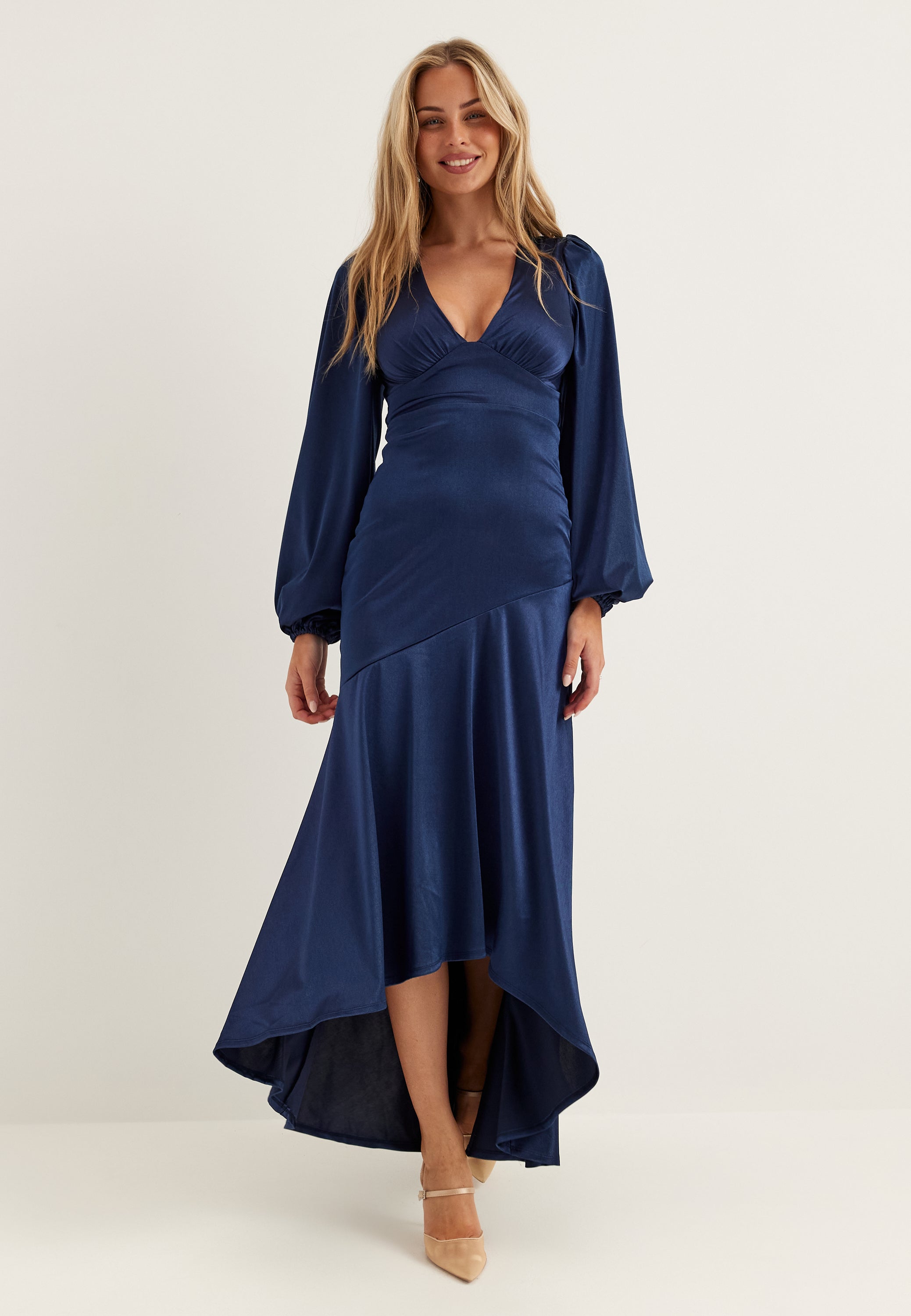 Goddiva Satin Balloon Sleeve High Low