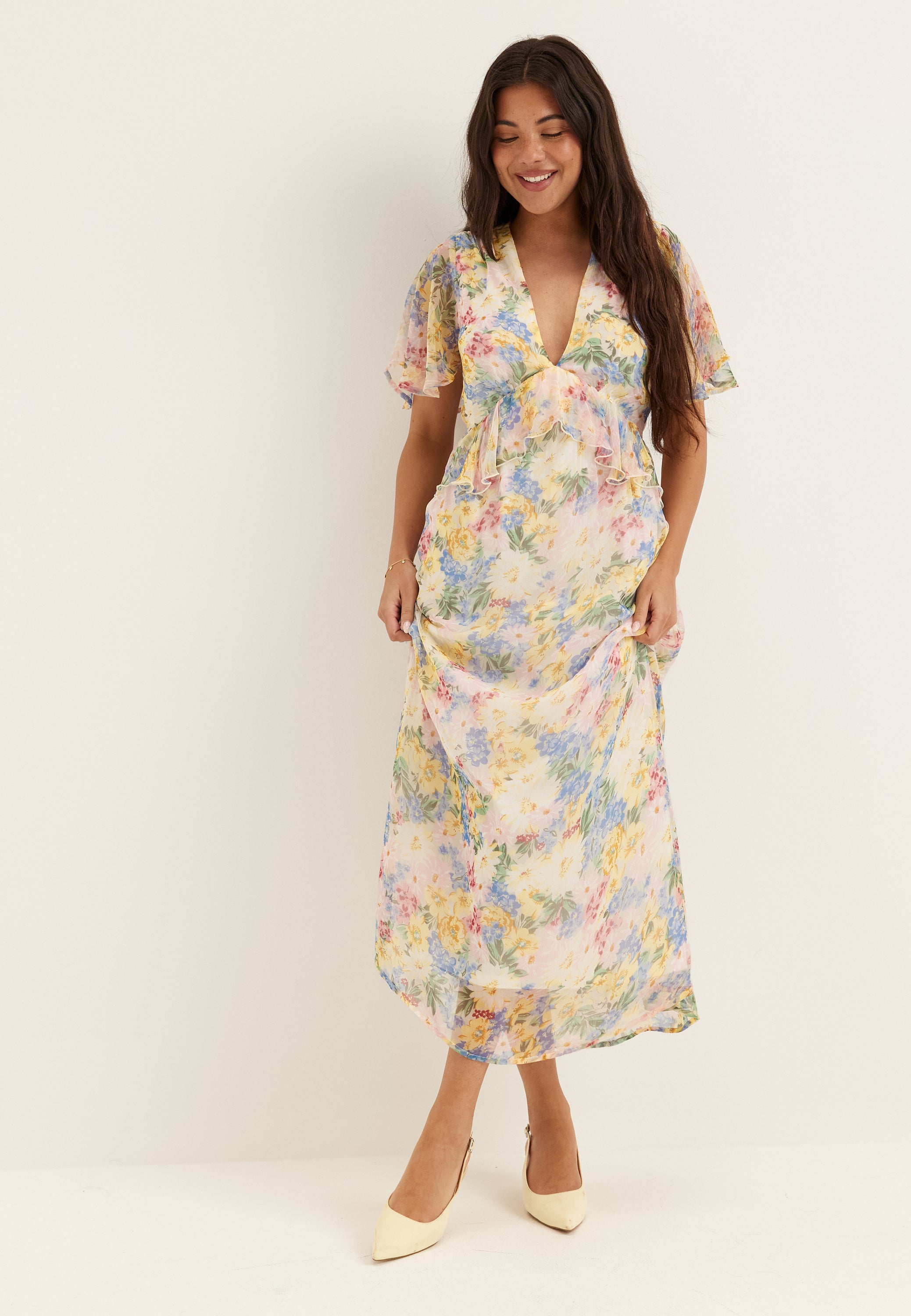 BUBBLEROOM OCCASION Butterfly Sleeve Chiffon Ankle Dress