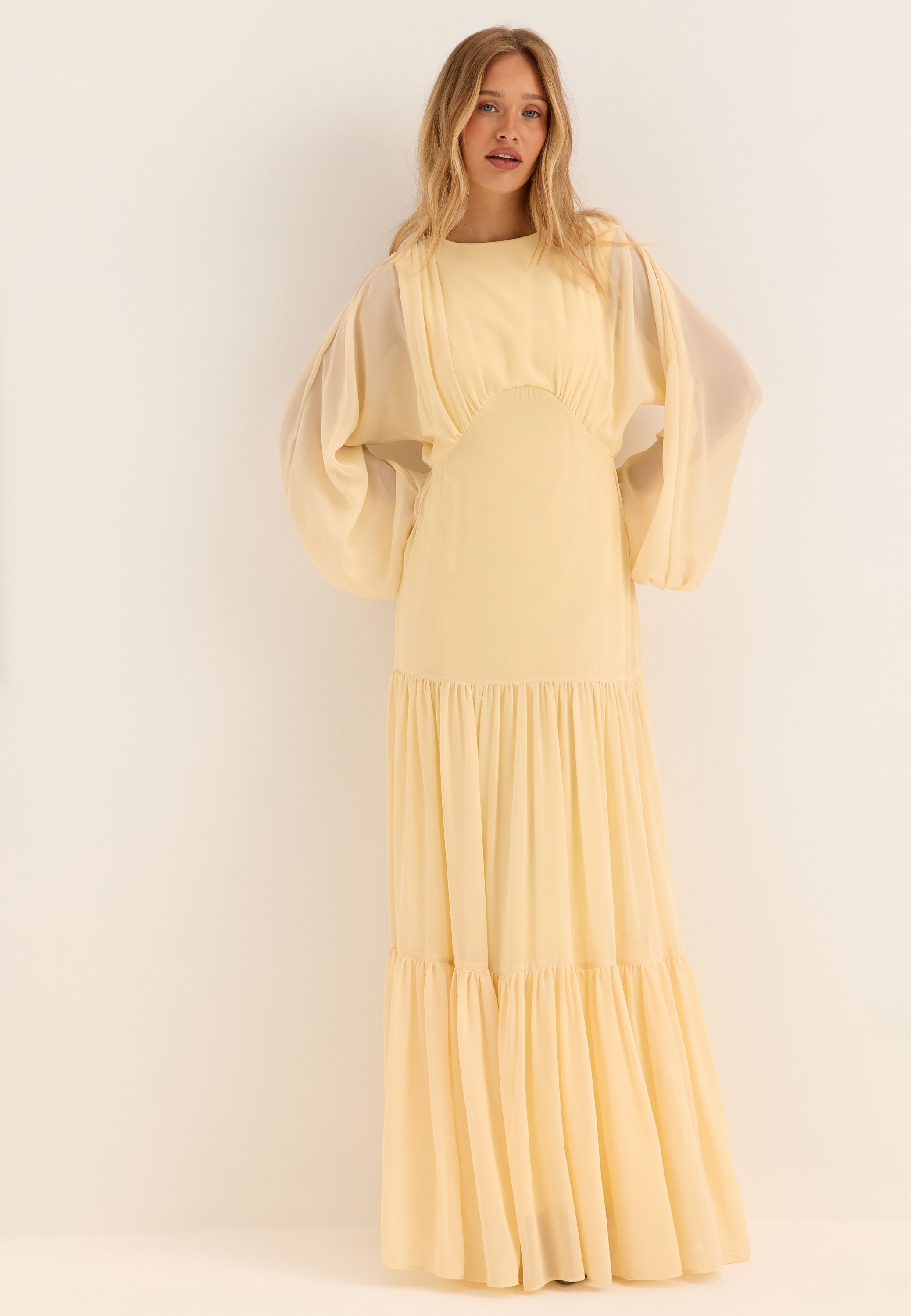 GODDIVA Batwing Chiffon Tiered Maxi Dress