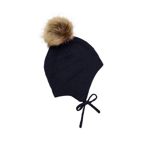Minymo Hue i Parisian Night med aftagelig falsk pels og bindesnor 46 cm  Blå  46 cm  Drenge, Piger