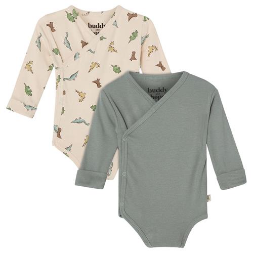 Buddy & Hope GOTS Max Wrap Body 2-pak Sage Green / Dinosaur 74/80 cm  Grøn Dyr 74/80 cm  Drenge, Piger