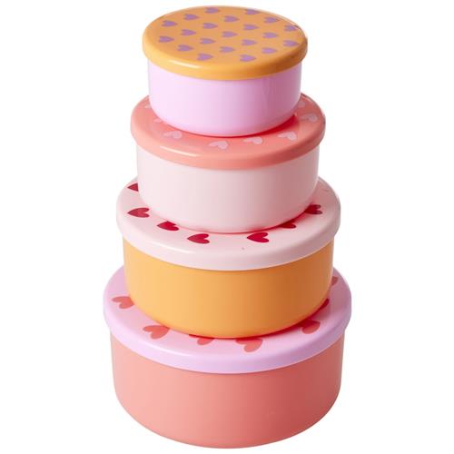 RICE Set Of 4 Runde Madkasser Af Plast Heart Print One Size    One Size  Drenge, Piger