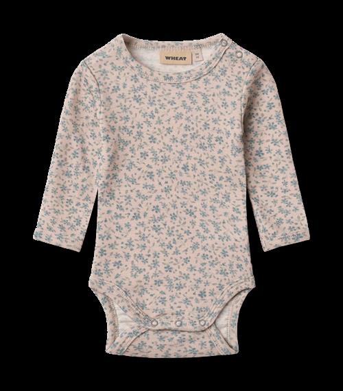 Wheat Lucca Uld Med Lange Ærmer Body Blue Flowers  Blue Flowers 86 cm Wool Lyserød  86 cm  Piger