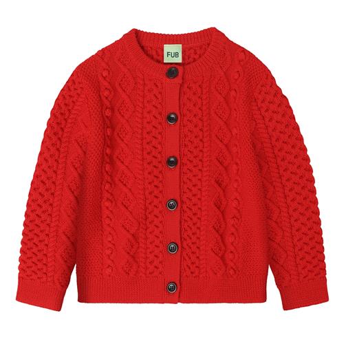 FUB Aran Cardigan I Uld Signal Red  Signal Red-110 cm Wool Rød  110 cm  Drenge, Piger