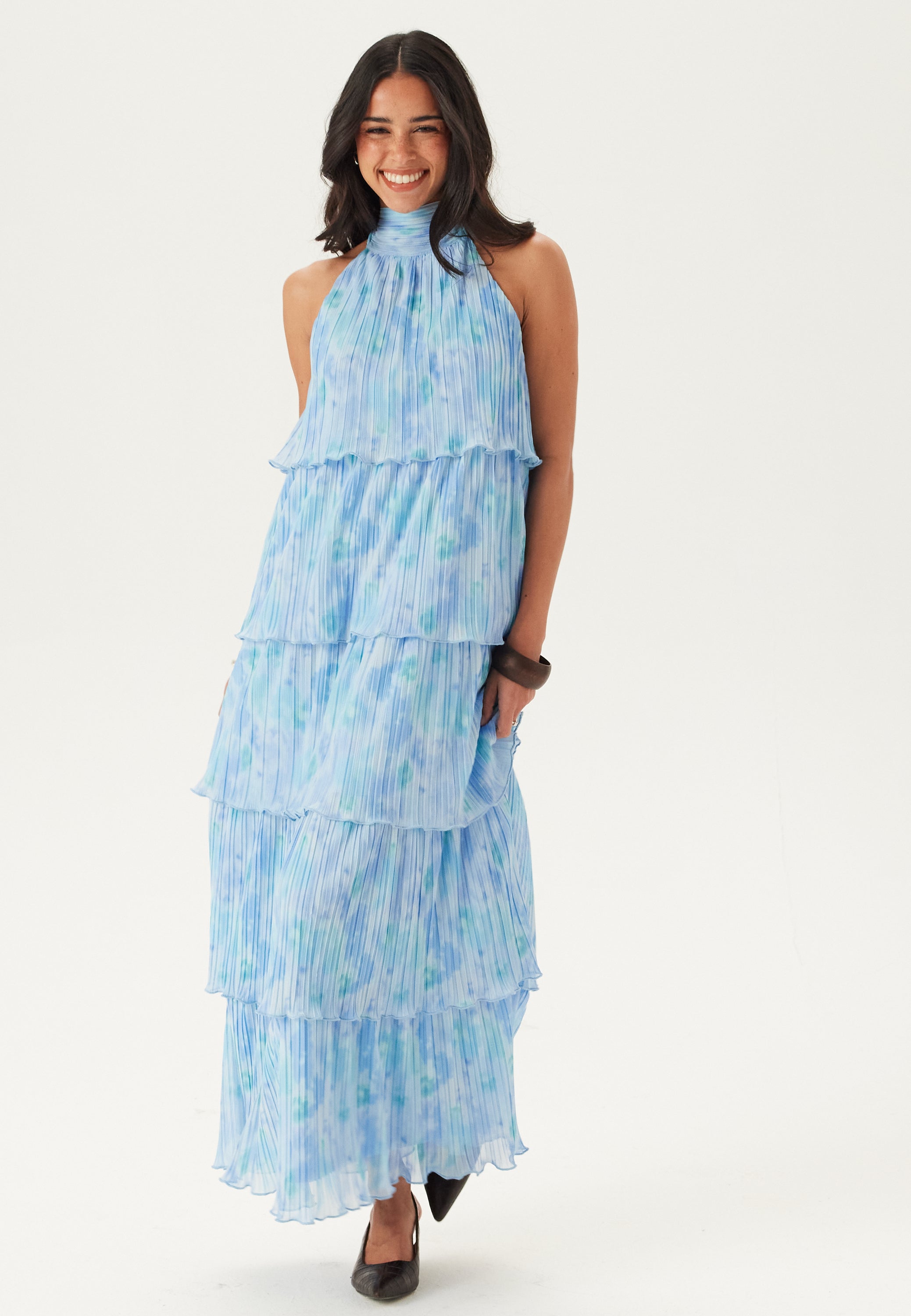 BUBBLEROOM Pleated Flounce Maxi Dress