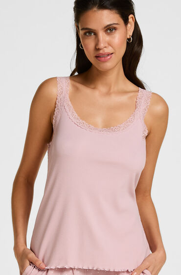 Hunkemöller Ribbet Jersey Singlet med Blonder Lyserød