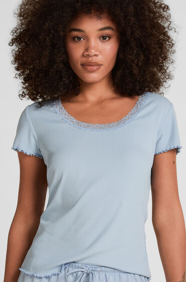 Hunkemöller Pyjamas Top Jersey Rib med Blonder Blå