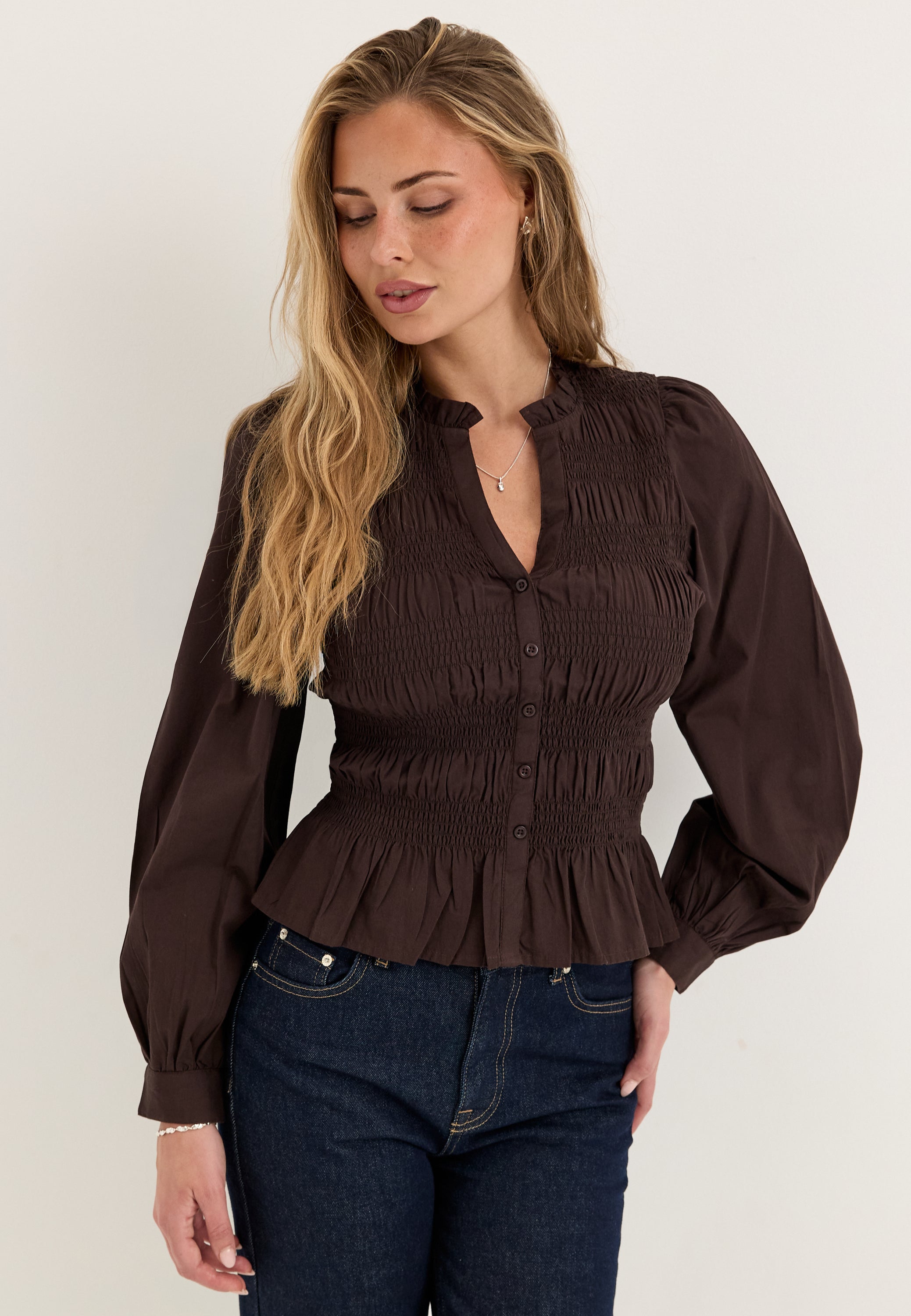 BUBBLEROOM V-neck Cotton Smock Blouse