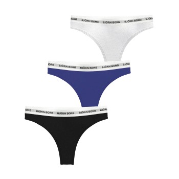Björn Borg Trusser 3P Logo Thong Sort/Blå bomuld Medium Dame