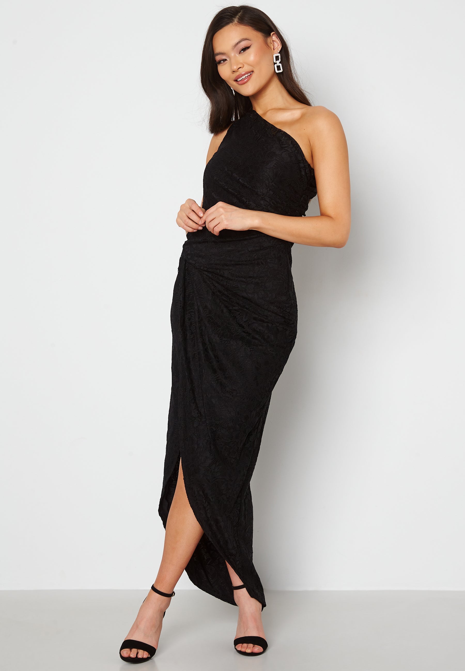 John Zack Lace One Shoulder Sleeve Rouch Dress