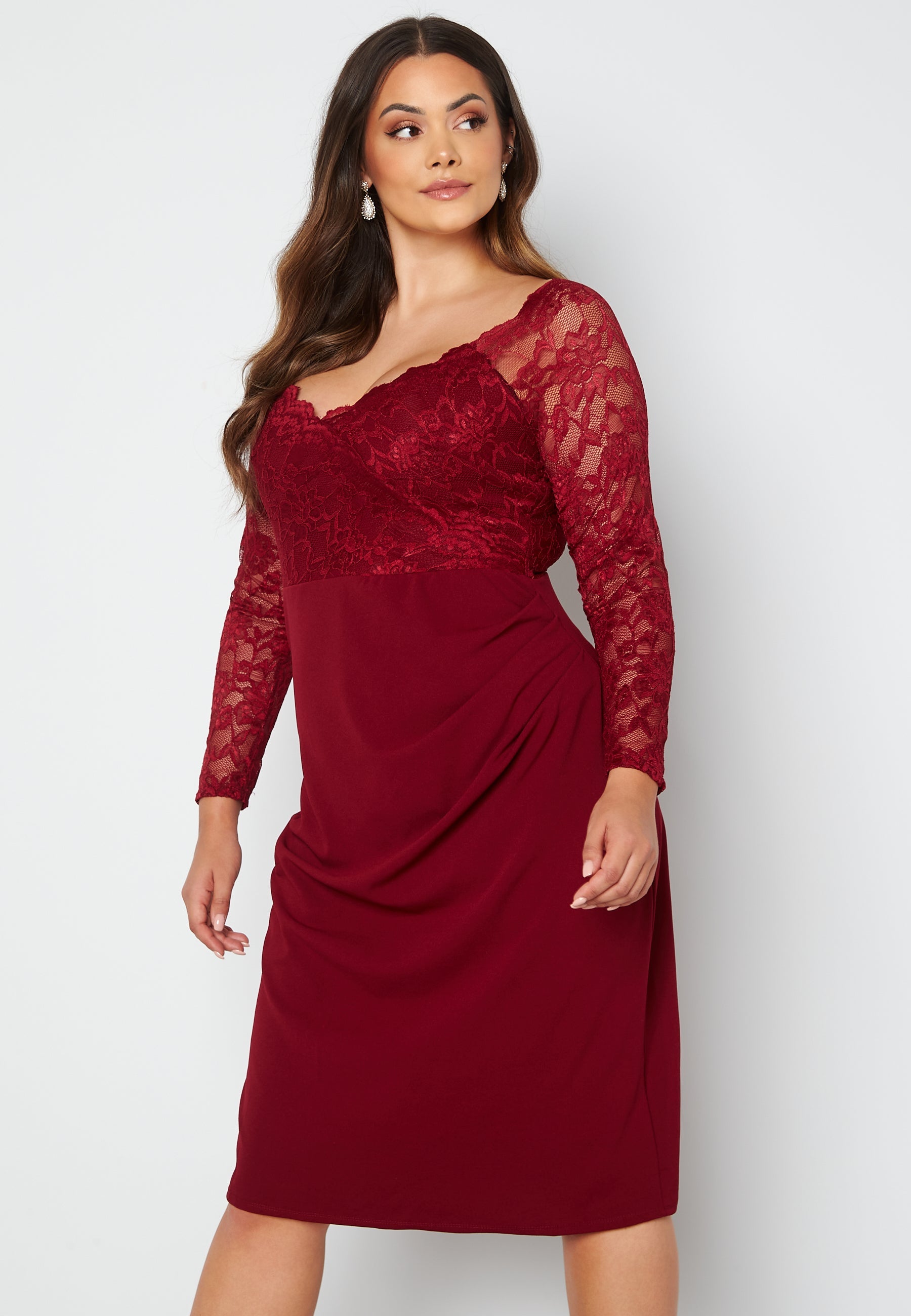 Goddiva Curve Long Sleeve Lace Trim Midi Dress