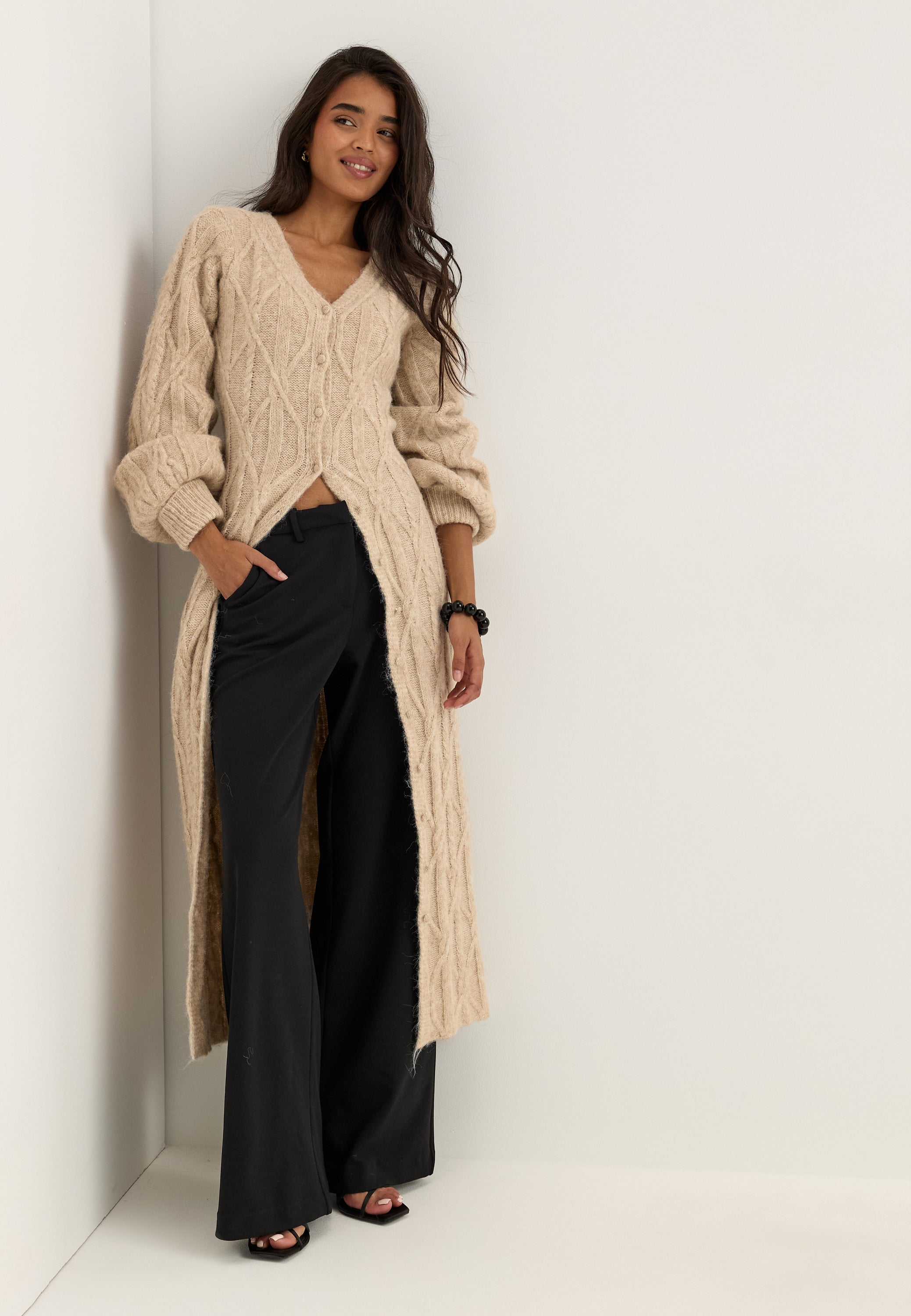 BUBBLEROOM Cable Knitted Volume Sleeve Cardigan Dress