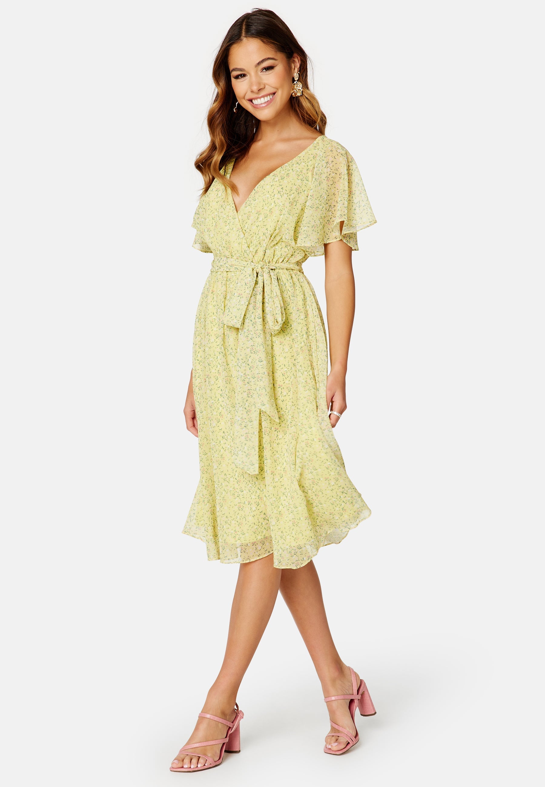 Goddiva Ditsy Flutter Sleeve Midi Dress
