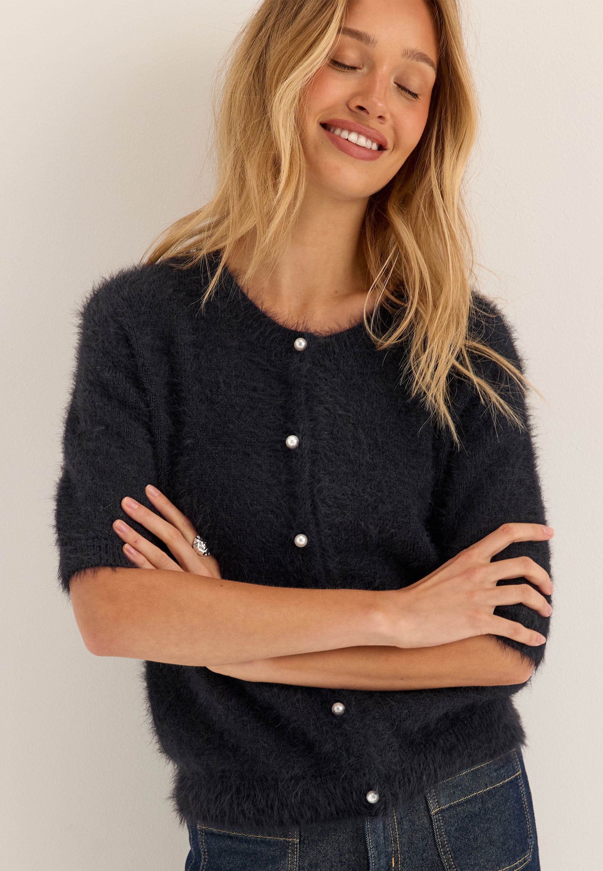 BUBBLEROOM Short Sleeve Fluffy Knitted Cardigan