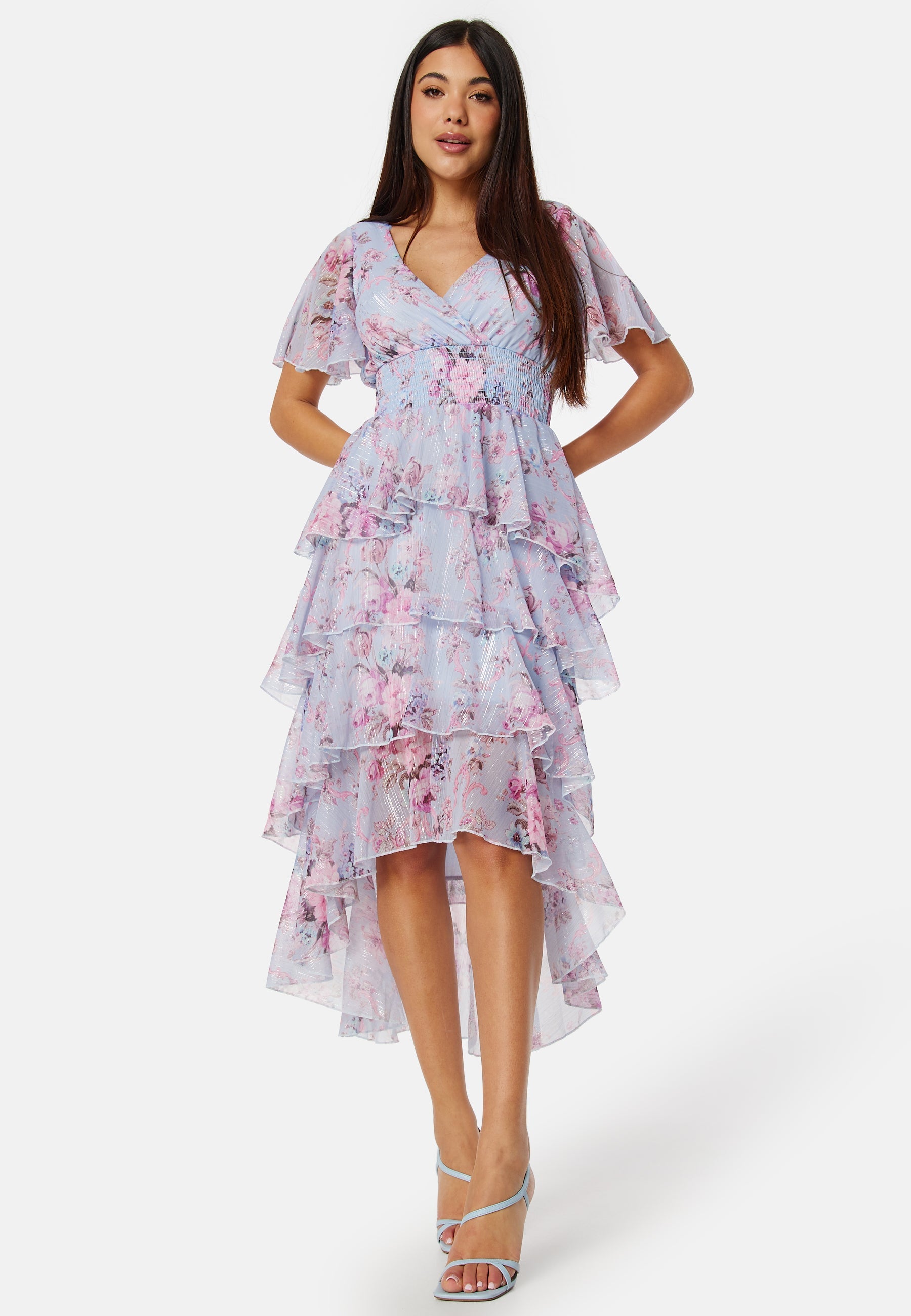 Goddiva Floral Flutter Tiered High Low Dress