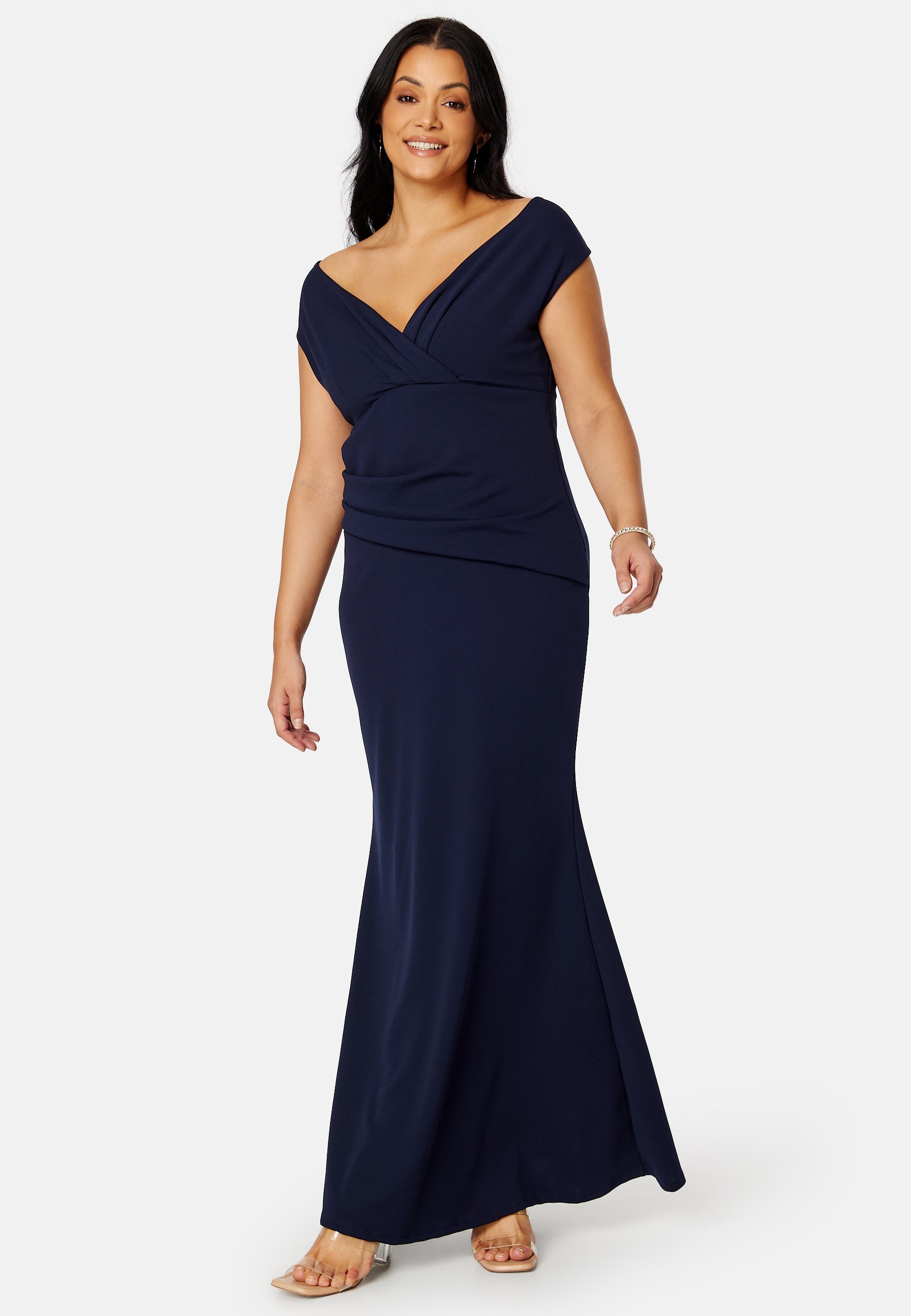 Goddiva Curve Bardot Pleat Maxi Dress