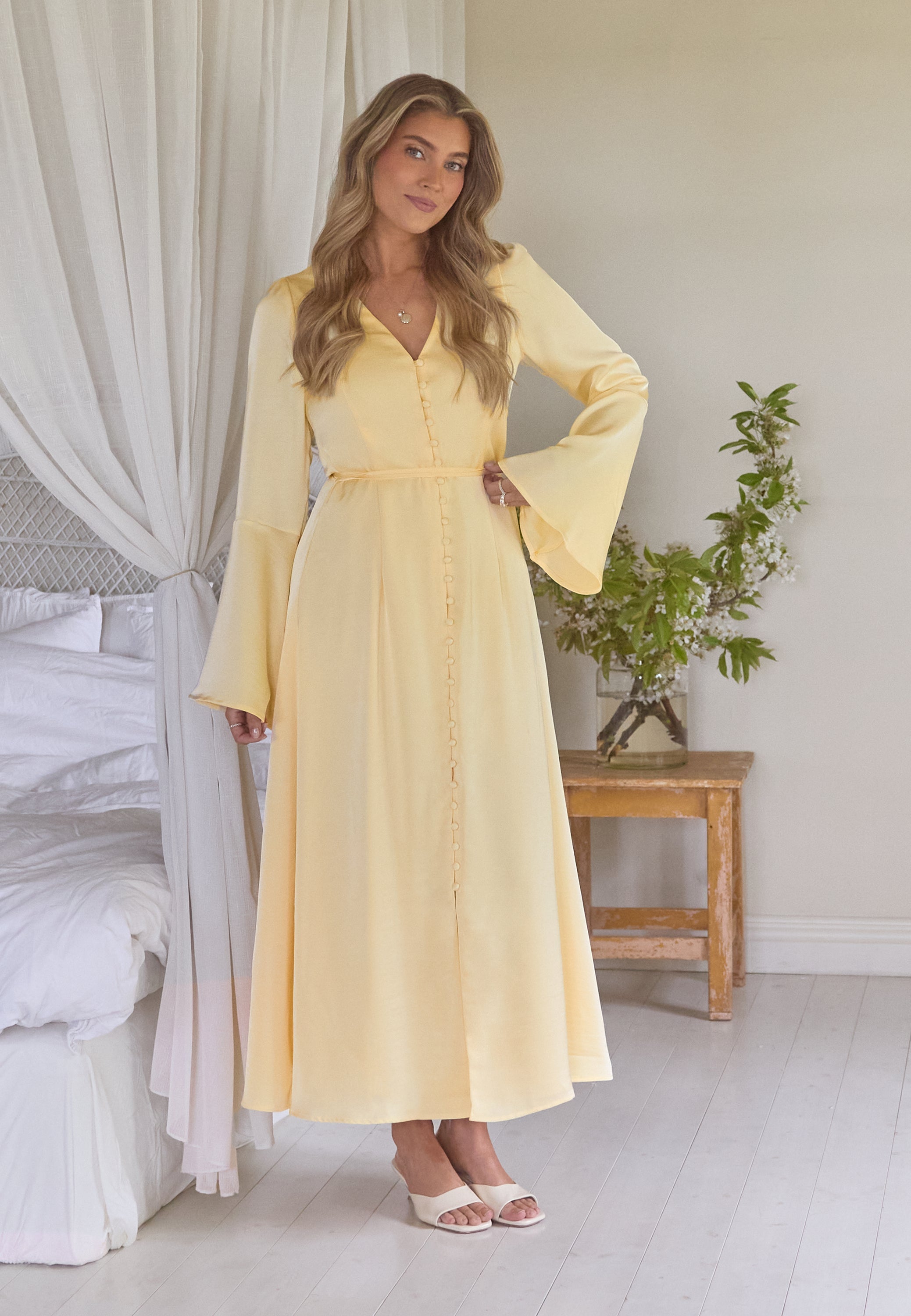 BIANCA GONZALEZ X Flounce Sleeve Satin Maxi Dress