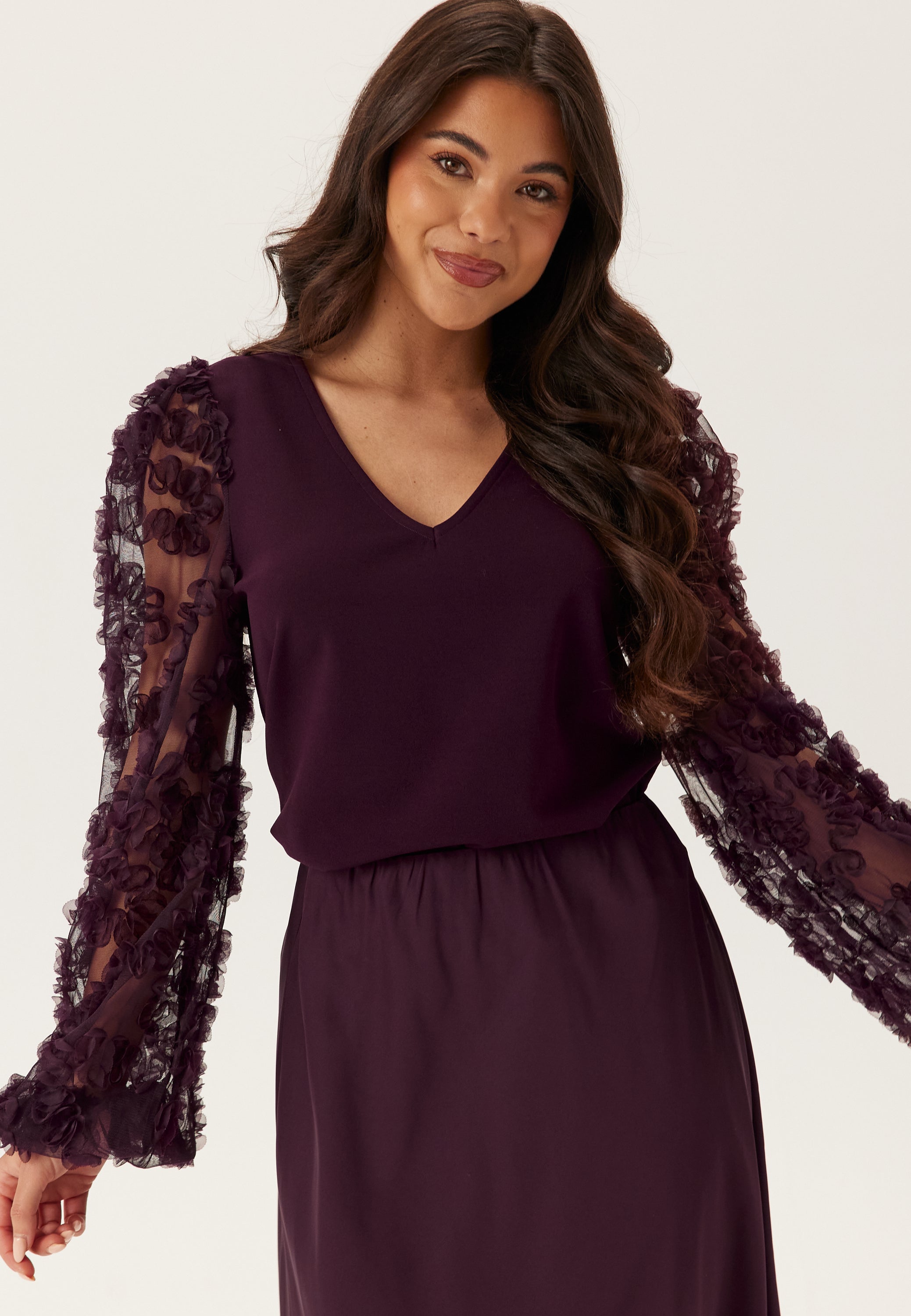 Happy Holly 3D Floral Sleeve V-neck Top