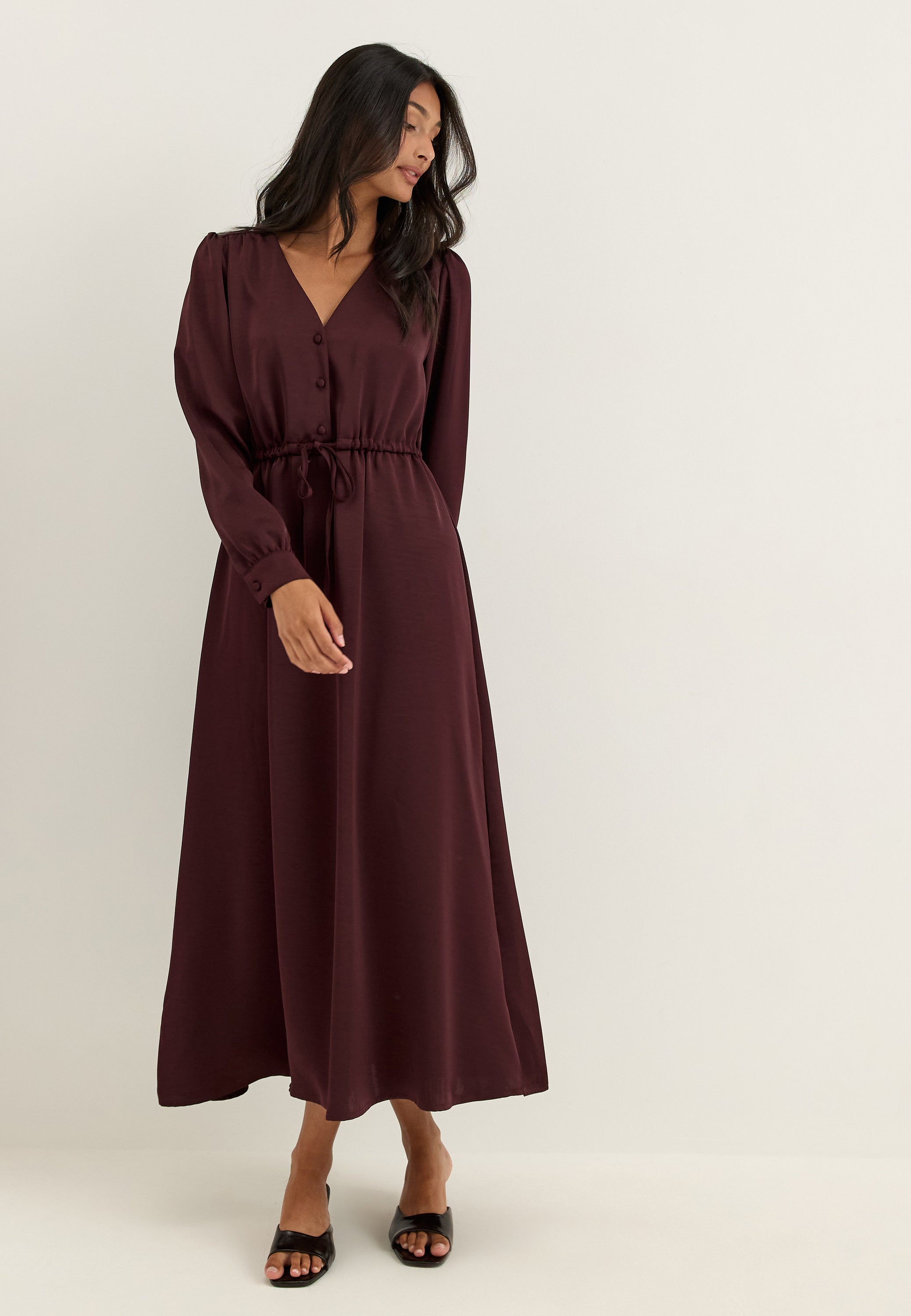 BUBBLEROOM Satin Puff Sleeve Maxi Dress