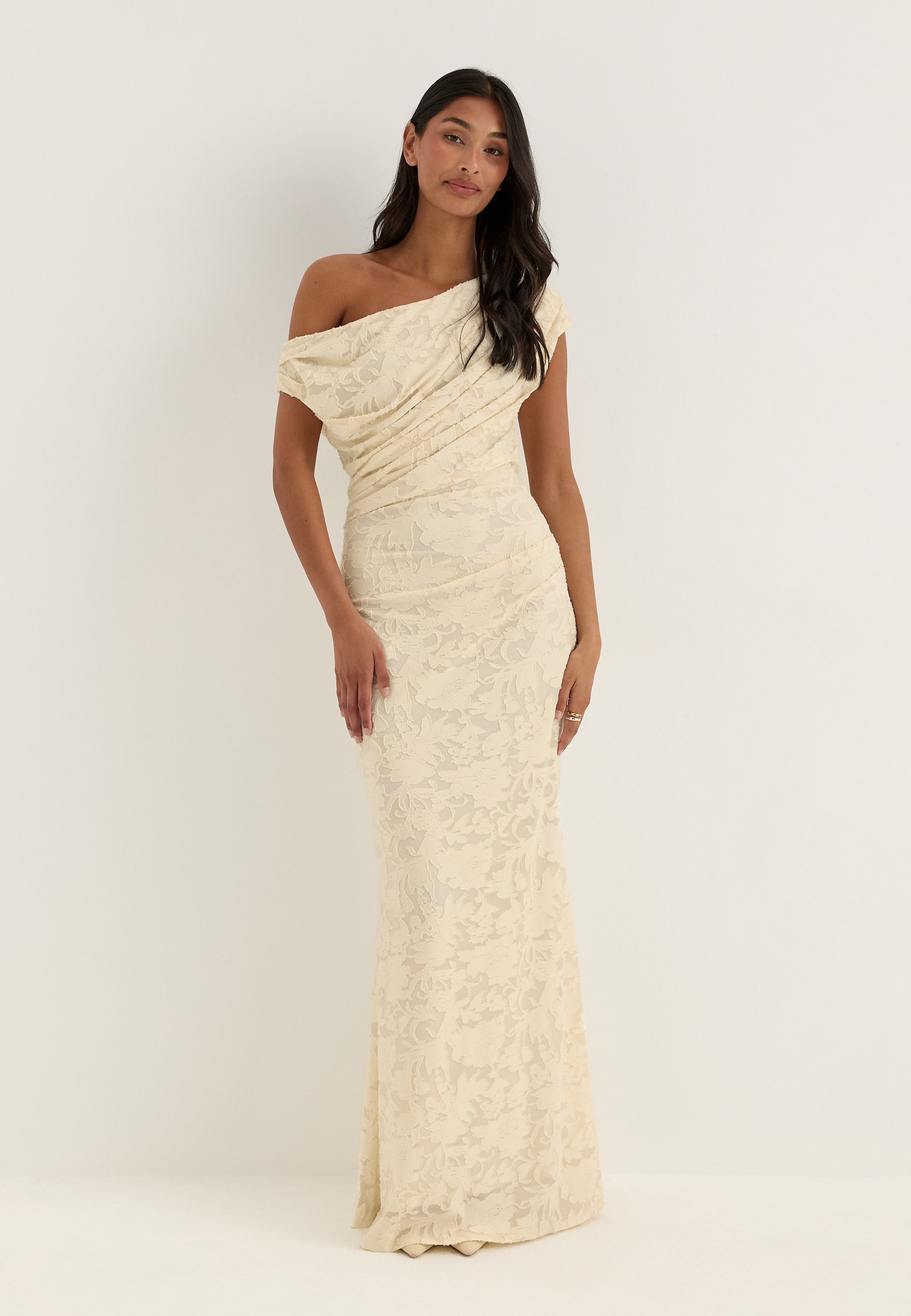 BUBBLEROOM OCCASION Asymmetric Draped Floral Burnout Maxi Dress