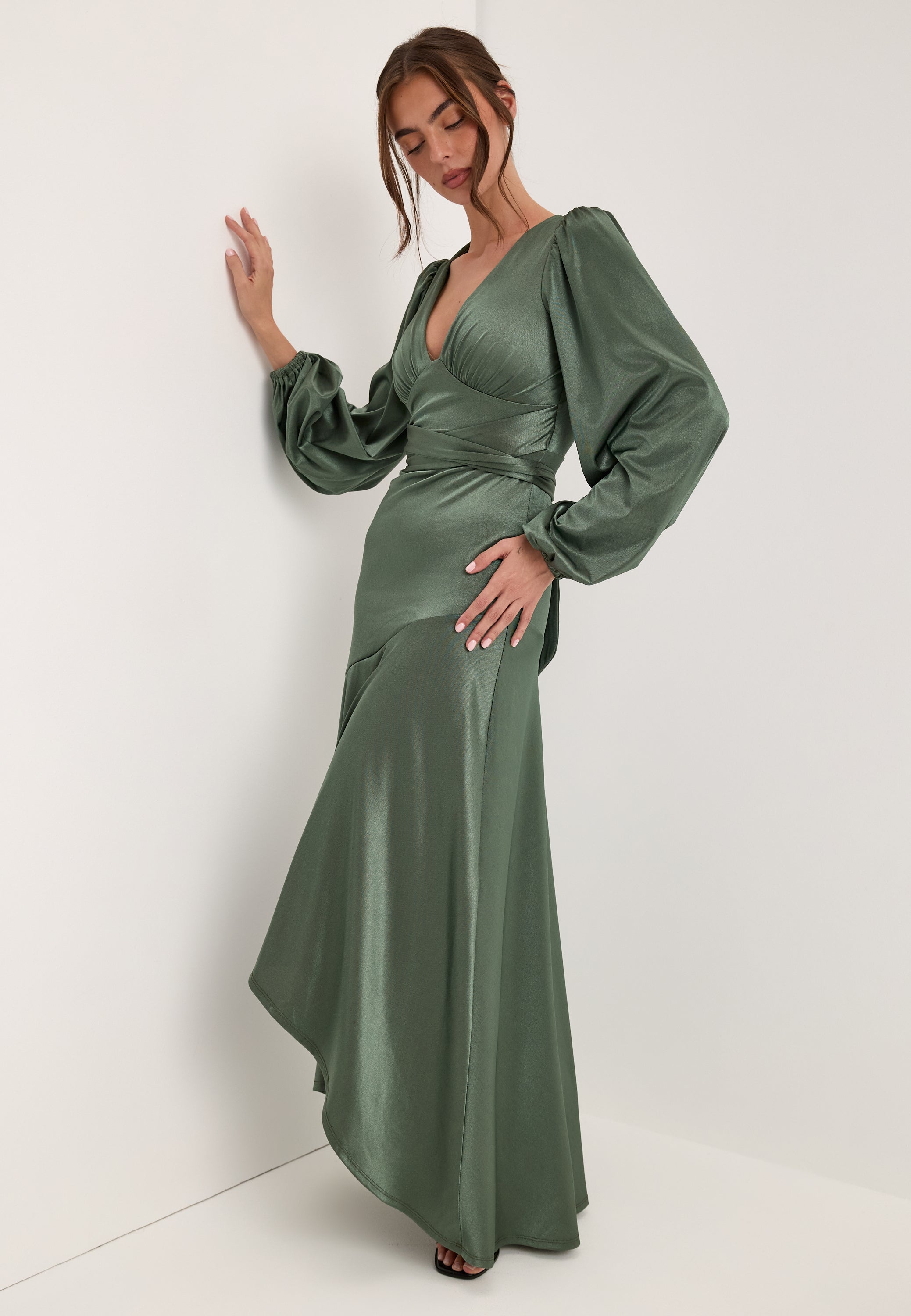 Goddiva Satin Balloon Sleeve High Low