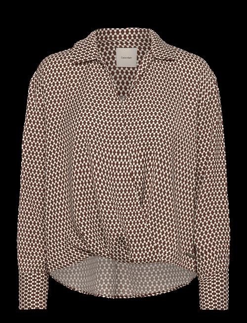 Calvin Klein | Printed Crepe Ls Faux Wrap Top | L
