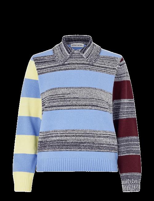 STINE GOYA | Cotton Mix / Crochet Cotton, Mix Stripe Polo Collar Sweater | S