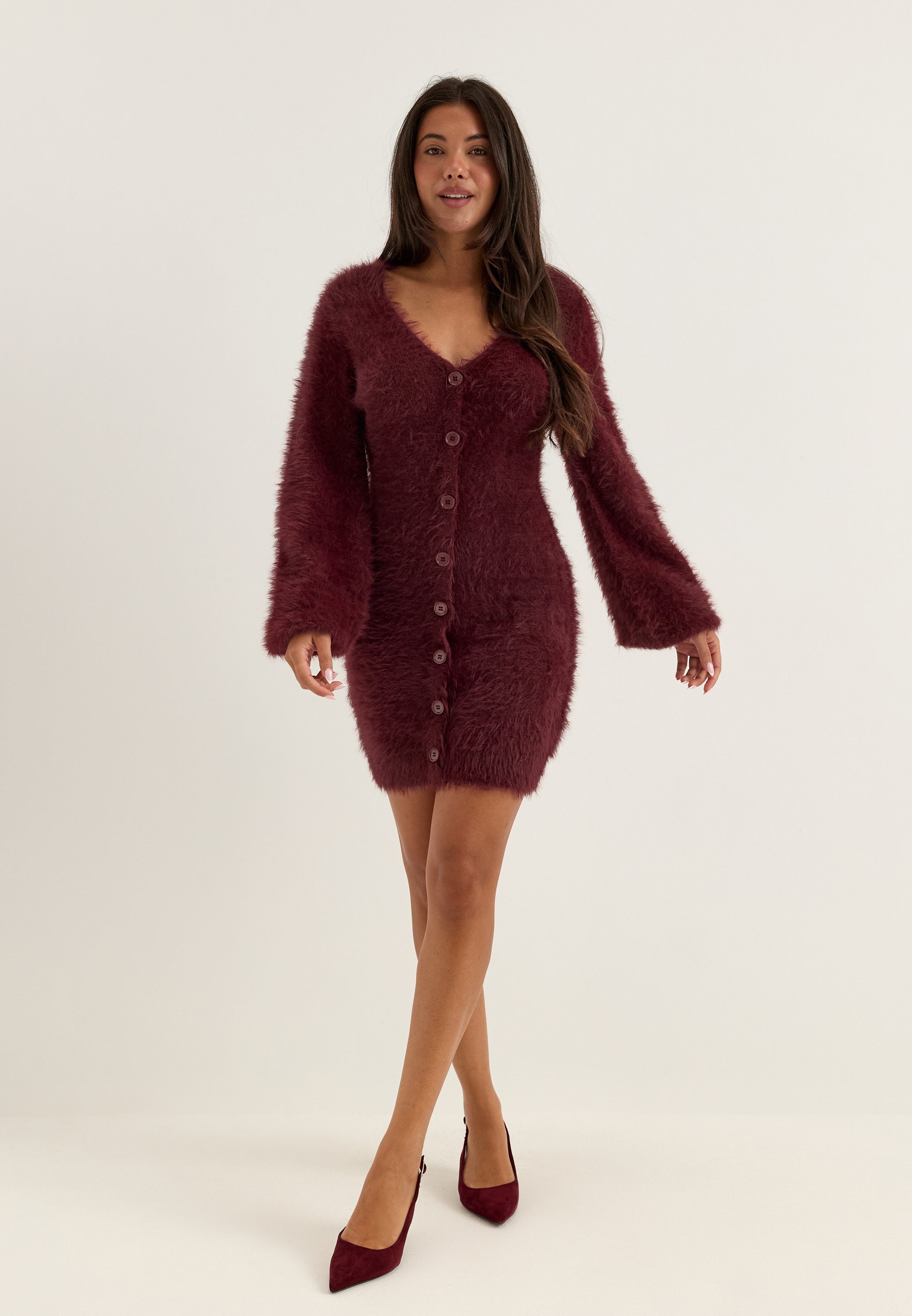 BUBBLEROOM Fluffy Knitted V-neck Cardigan Dress