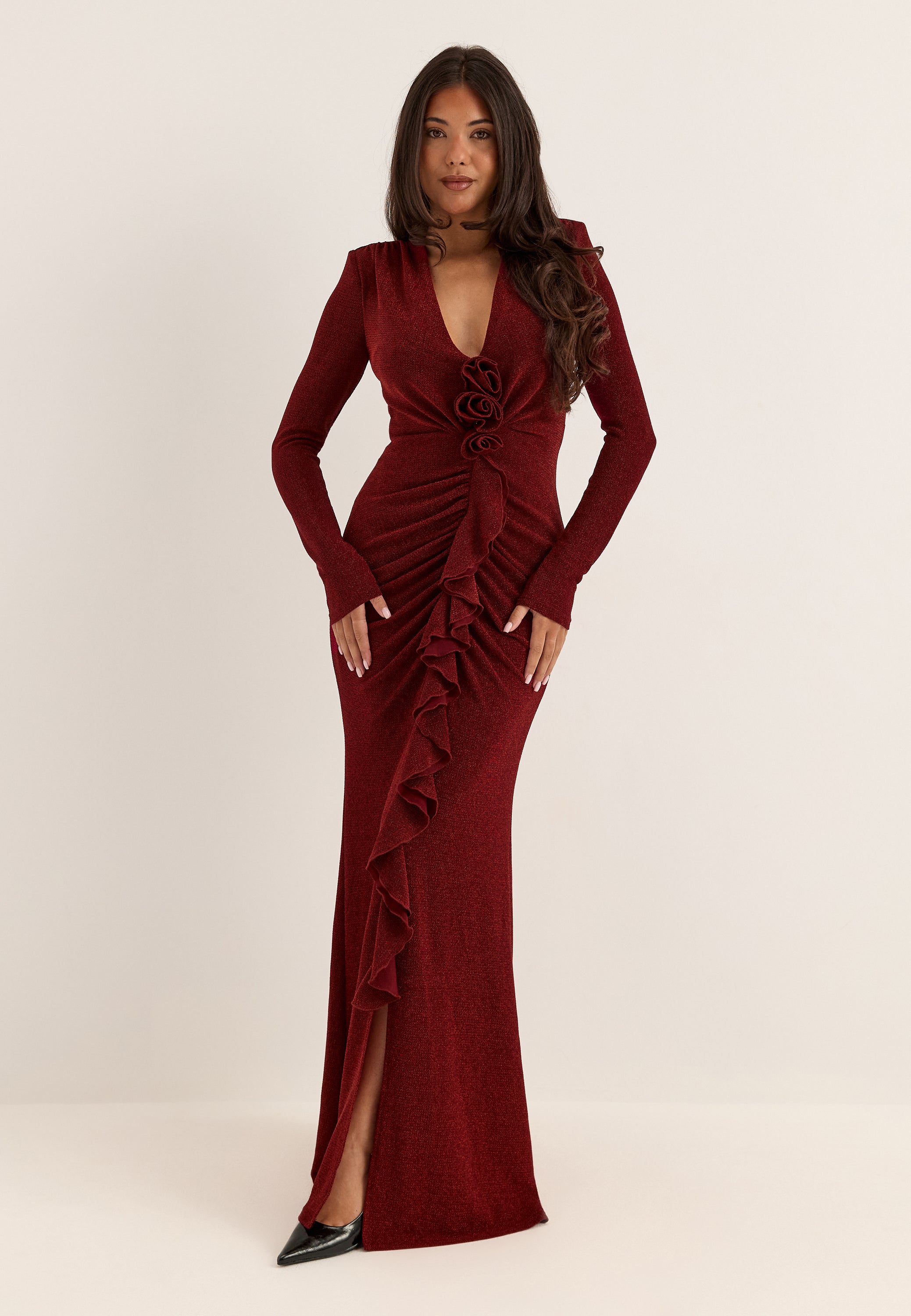 BUBBLEROOM OCCASION Sparkling Low V-neck Slit Gown