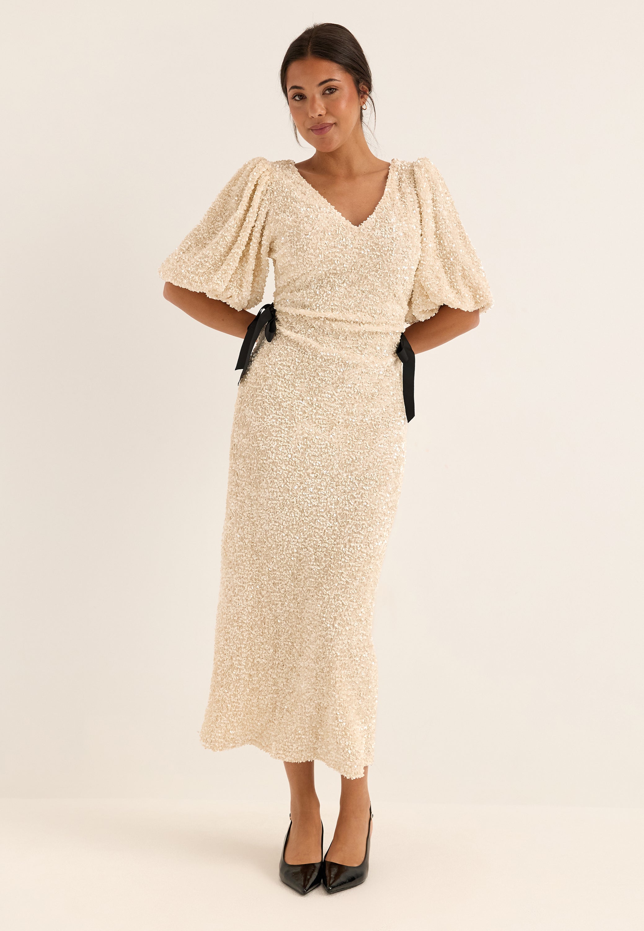BUBBLEROOM OCCASION Puff Sleeve Sequin Ankle Dress