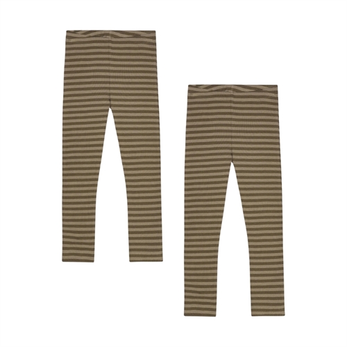 BIRKHOLM 2-Pak Stribede Rib Leggings Mose Brun & Valnød Brun