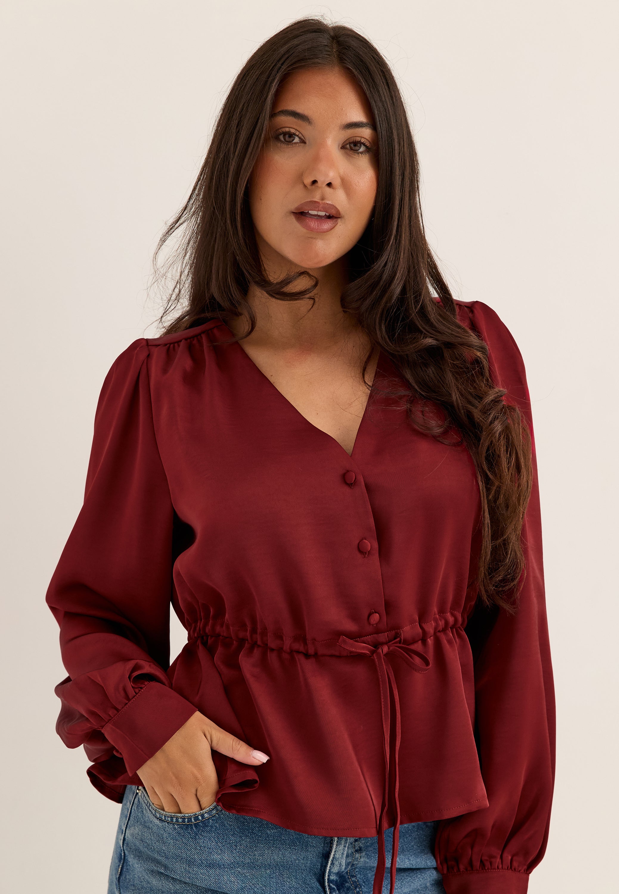BUBBLEROOM Satin Puff Sleeve Blouse